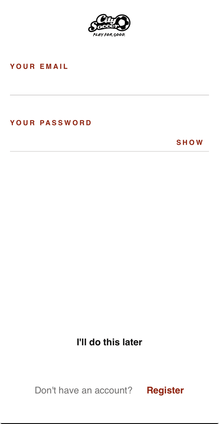 City Soccer app account setup screen