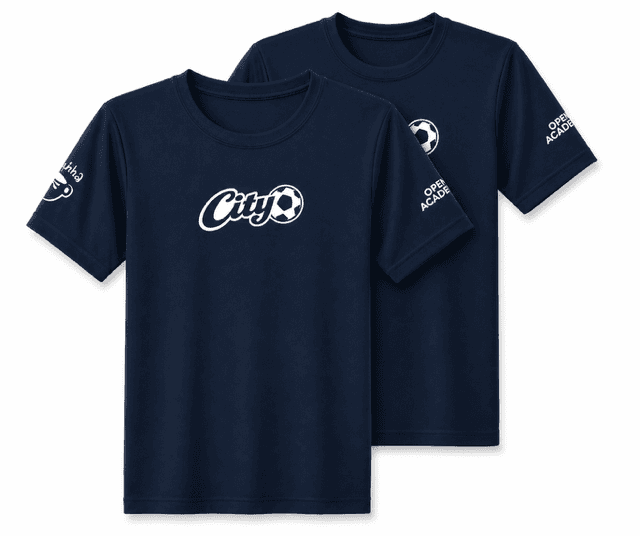 City Soccer training shirt — navy with City logo on the chest and Open Academy print on the sleeve